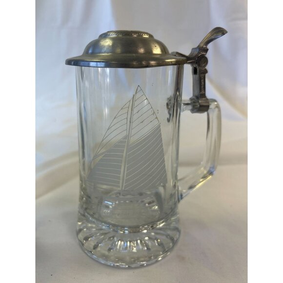 Vintage Glass Beer Stein With Pewter Lid & Etched Sailboat Design - Picture 1 of 2